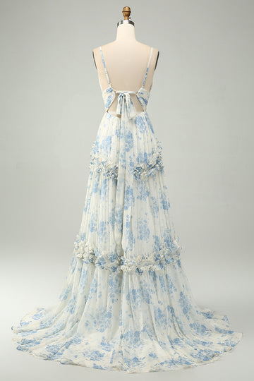 White Blue Flower A Line Long Tulle Maxi Dress with Ruffles